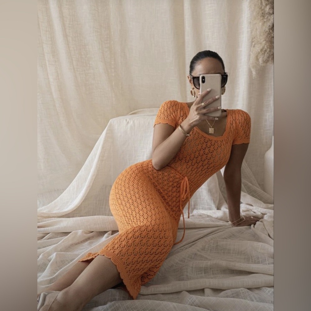 JLUXLABEL Vibrant  Crochet Orange Knit Midi Dress - Picture 2 of 2